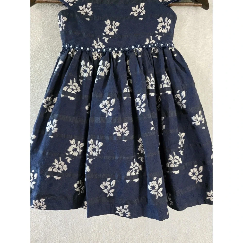 Laura Ashley London Dress Girls 4 Navy Floral Cap Sleeve Beaded Waist Embroidery